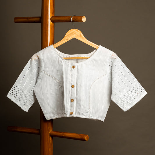 White Hakoba Round Neck Readymade Cotton Blouse