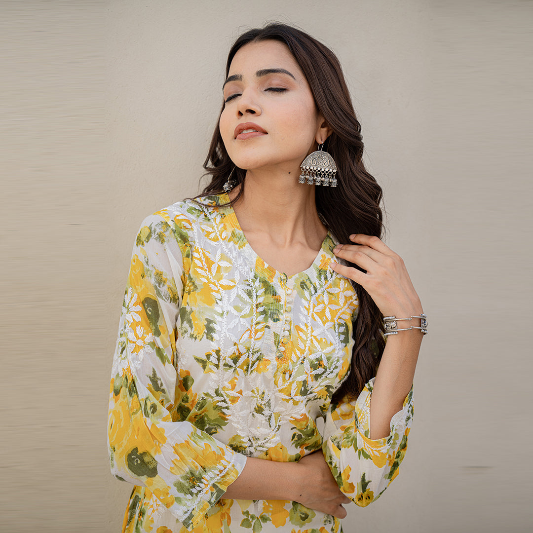 Yellow Blossom Floral Printed Hand-Chikankari Cotton Kurta