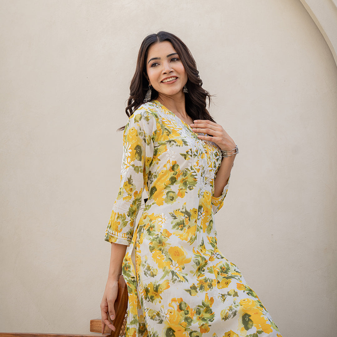 Yellow Blossom Floral Printed Hand-Chikankari Cotton Kurta