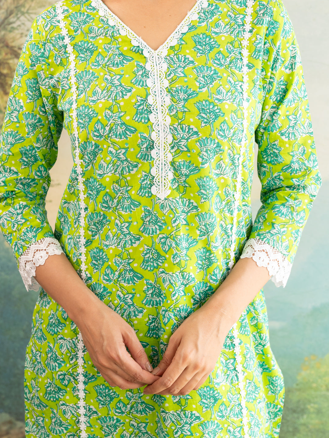 Floral Parrot Green Lace Work Cotton Suit
