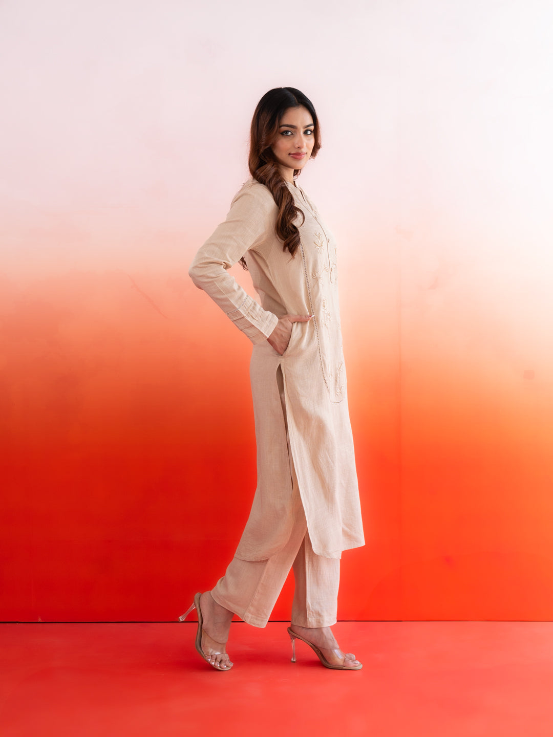 Beige Pearl Work linen Coord Set