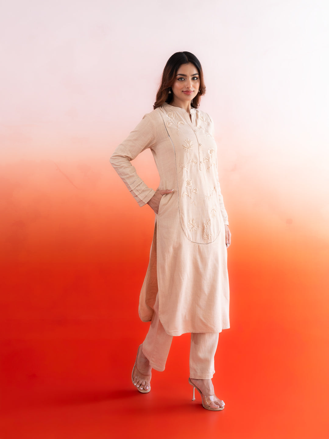 Beige Pearl Work linen Coord Set