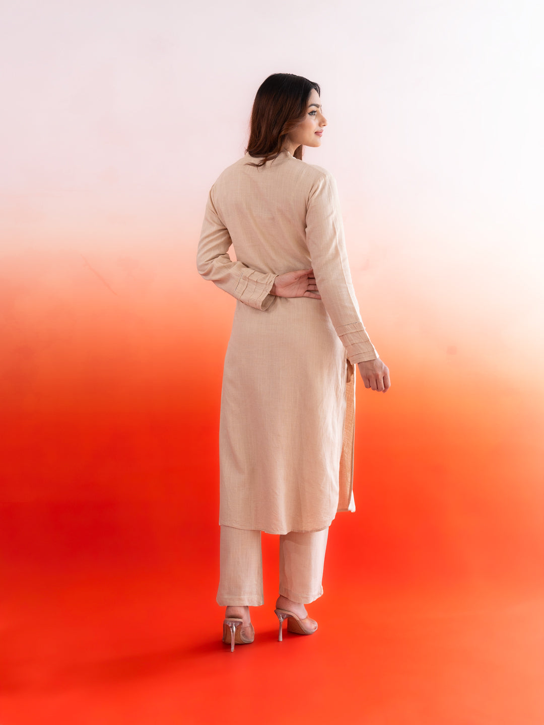Beige Pearl Work linen Coord Set
