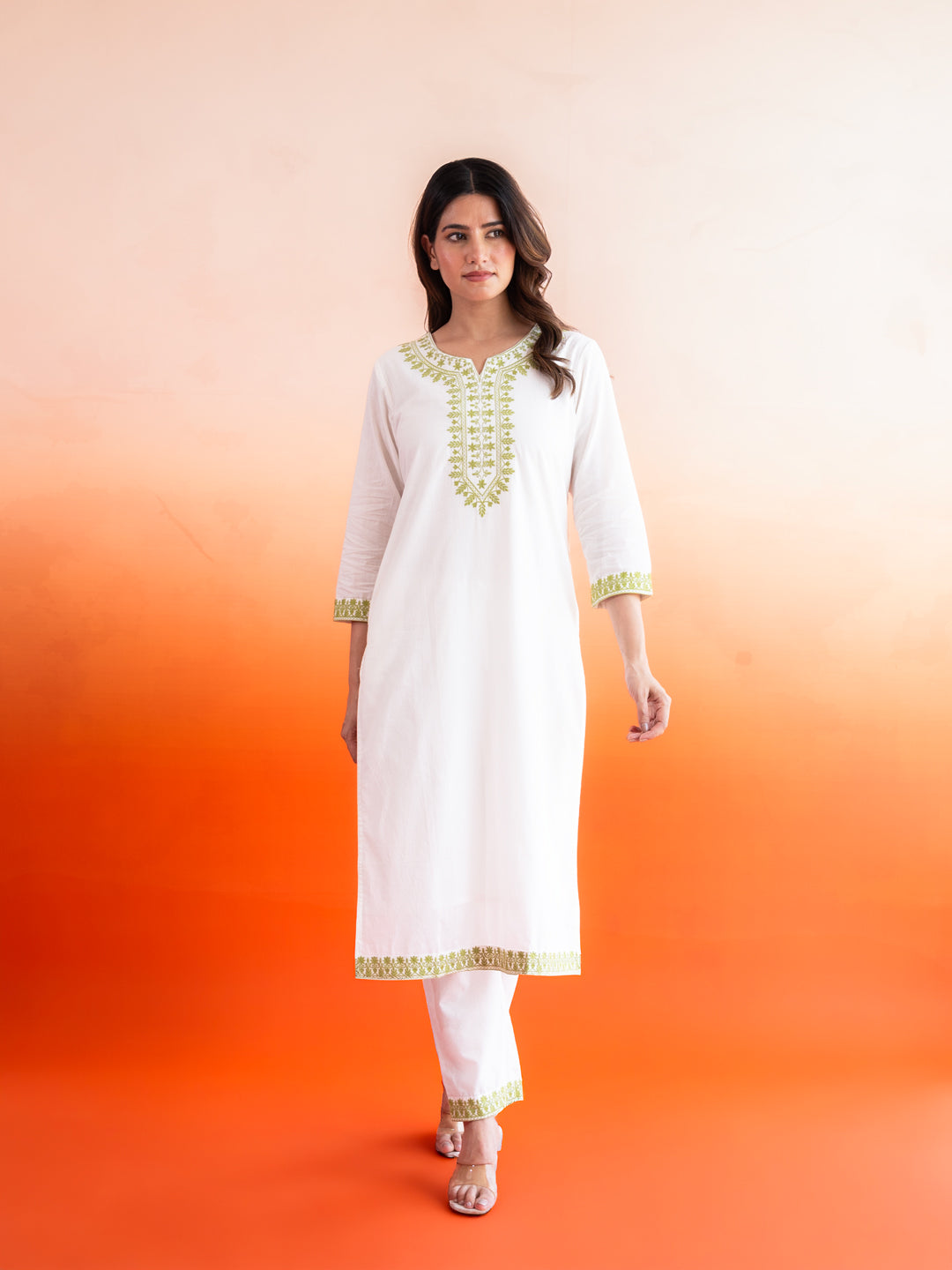 Avni White & Green Cotton Suit