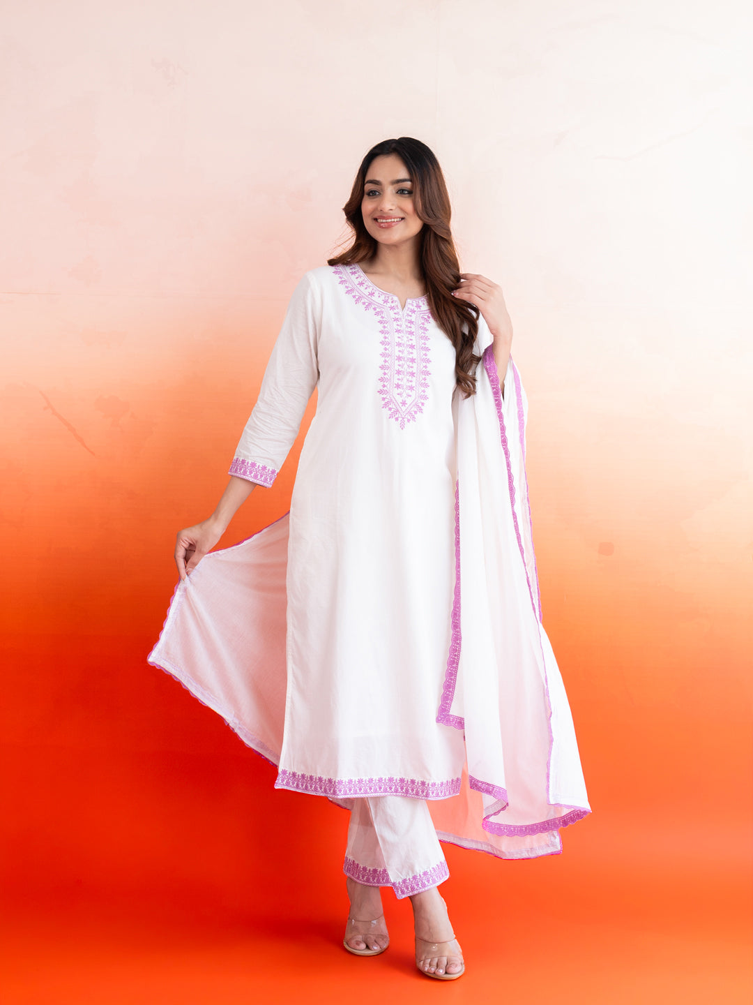 Avni White & Lavender Cotton Suit