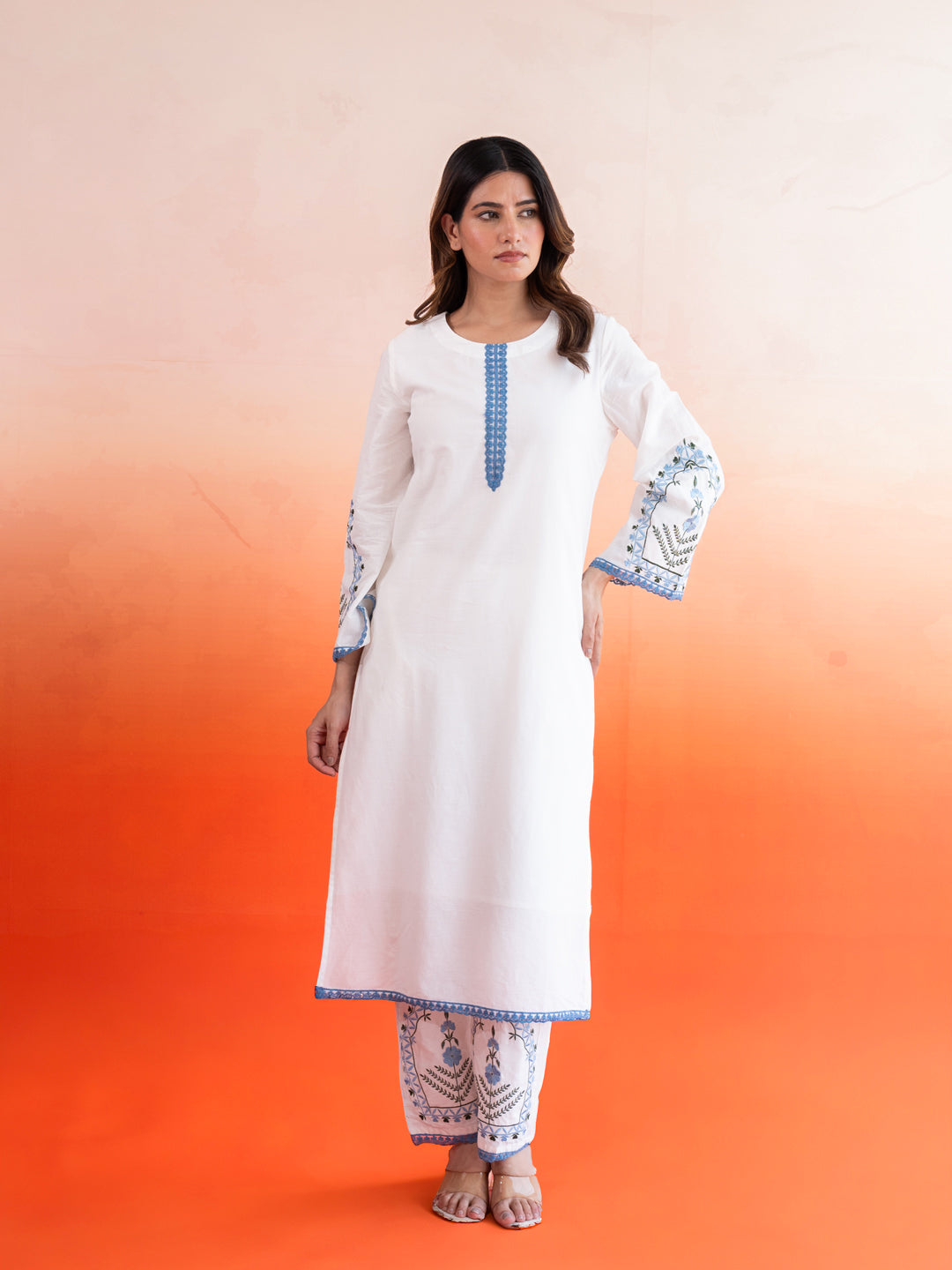 Classic White Blue Lace Work Cotton Suit