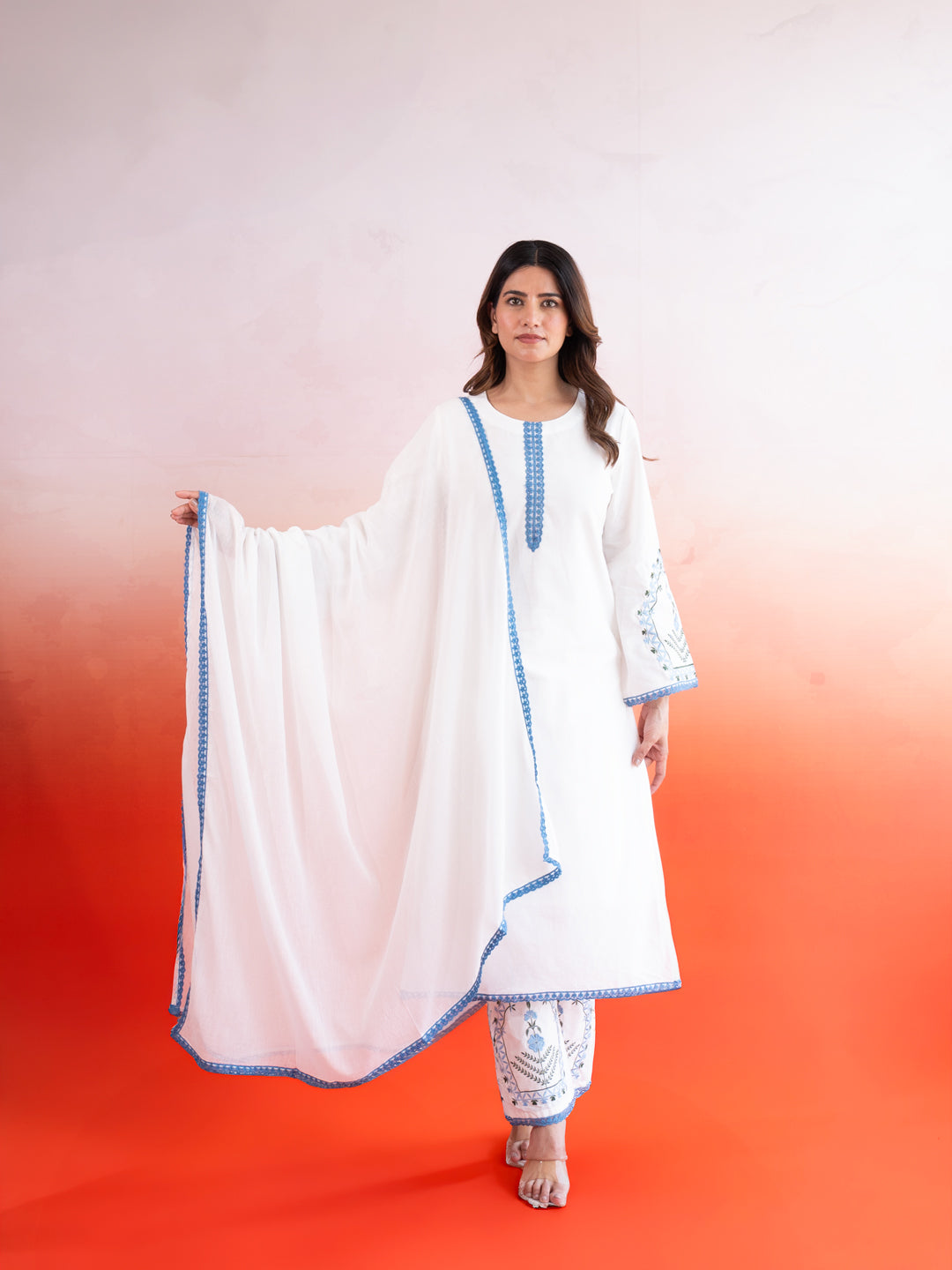 Classic White Blue Lace Work Cotton Suit