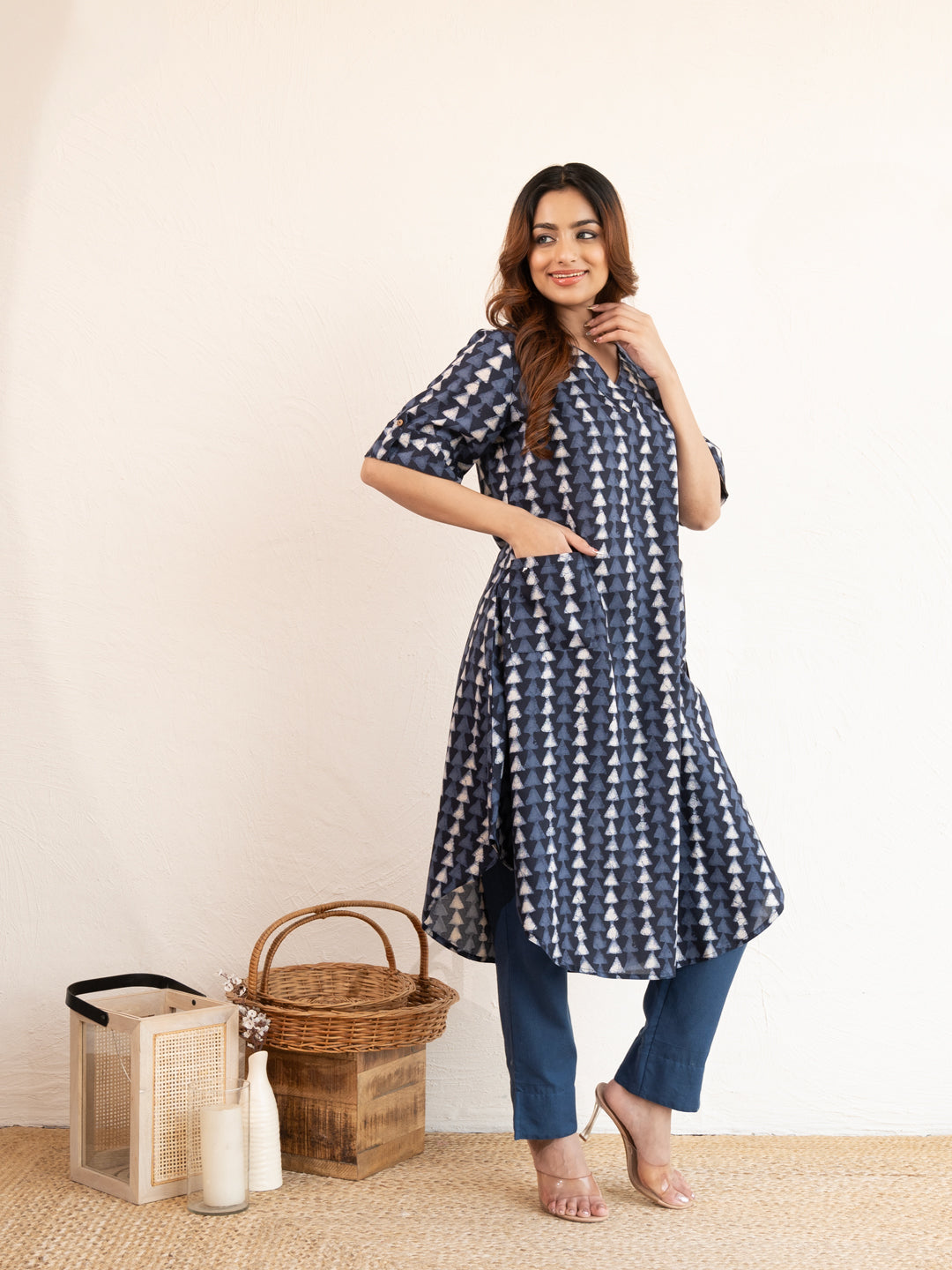 Indigo Triangle Print Cotton Rayon Kurta