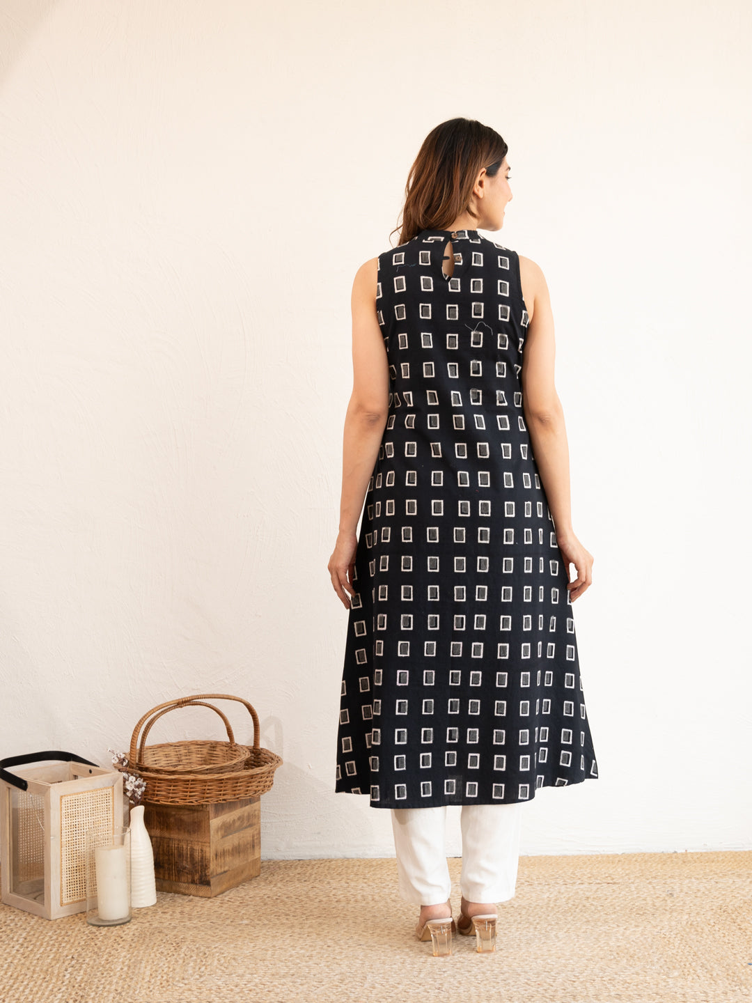 Back view of the Everyday Black Cotton Kurta, highlighting the clean finish of the A-line black kurta.