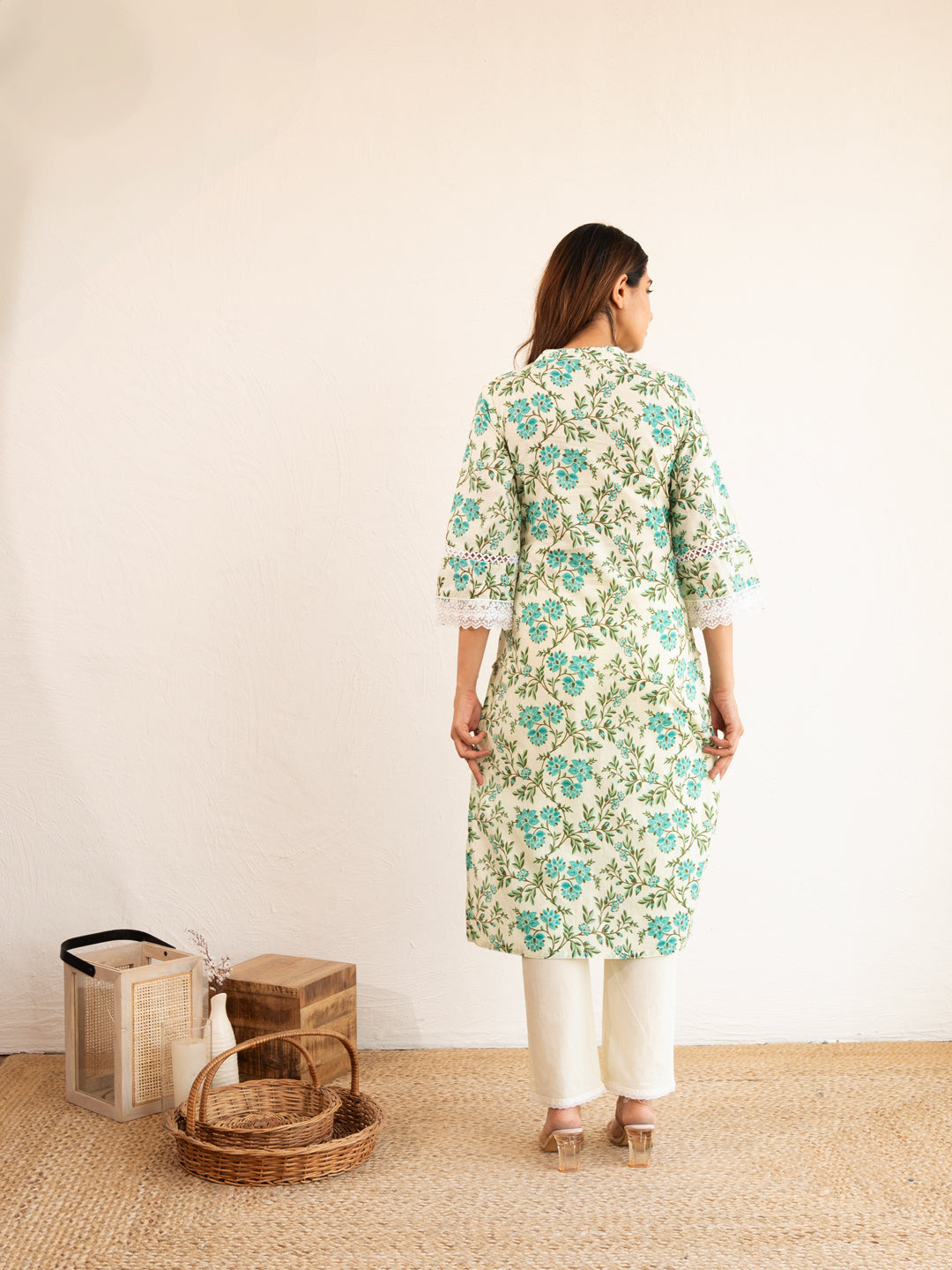 Ivory Floral Print Lace Work Cotton Suit