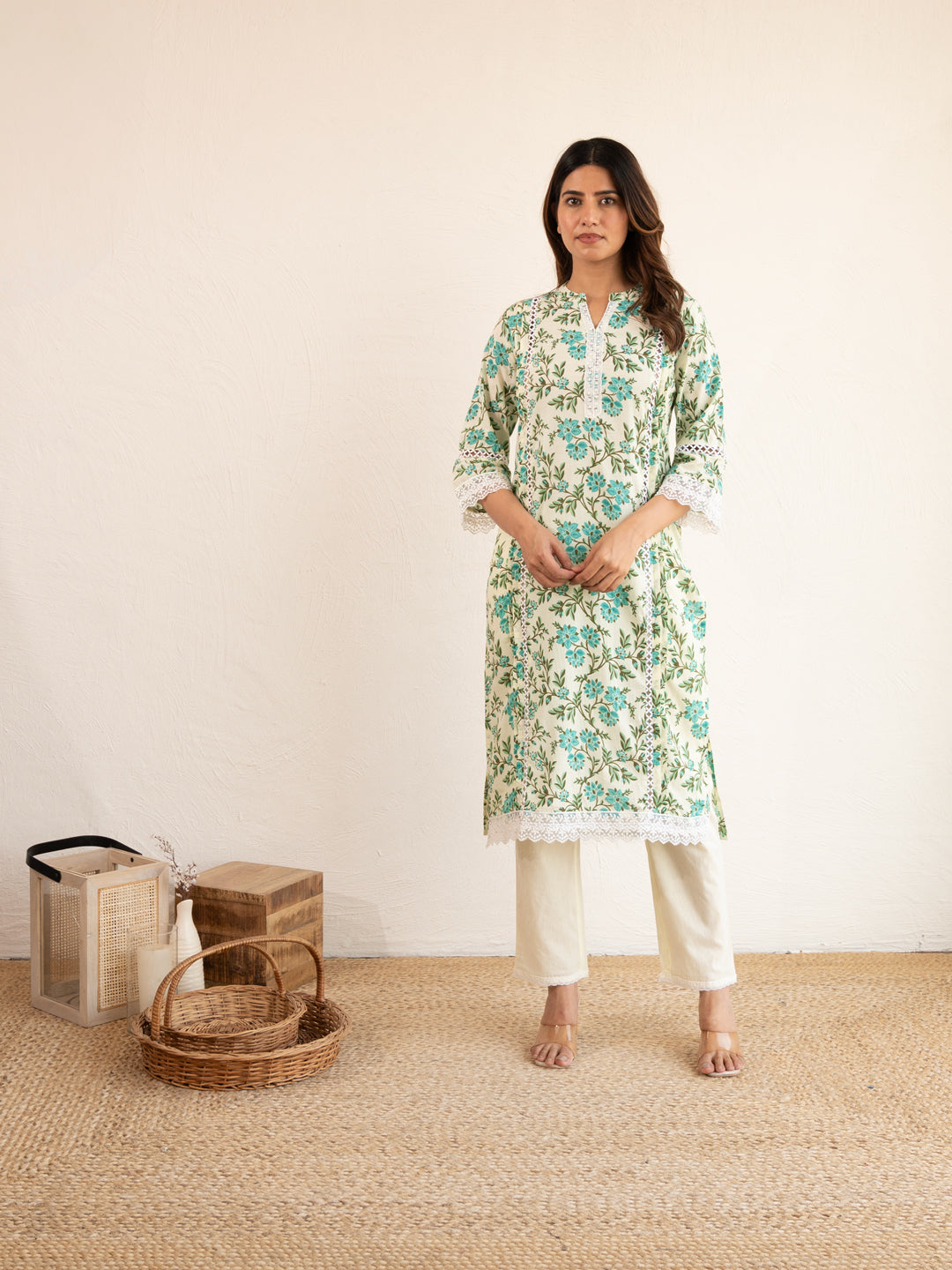 Ivory Floral Print Lace Work Cotton Suit