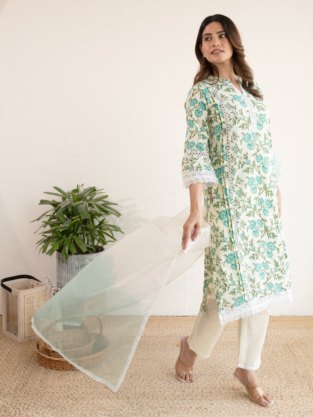 Ivory Floral Print Lace Work Cotton Suit