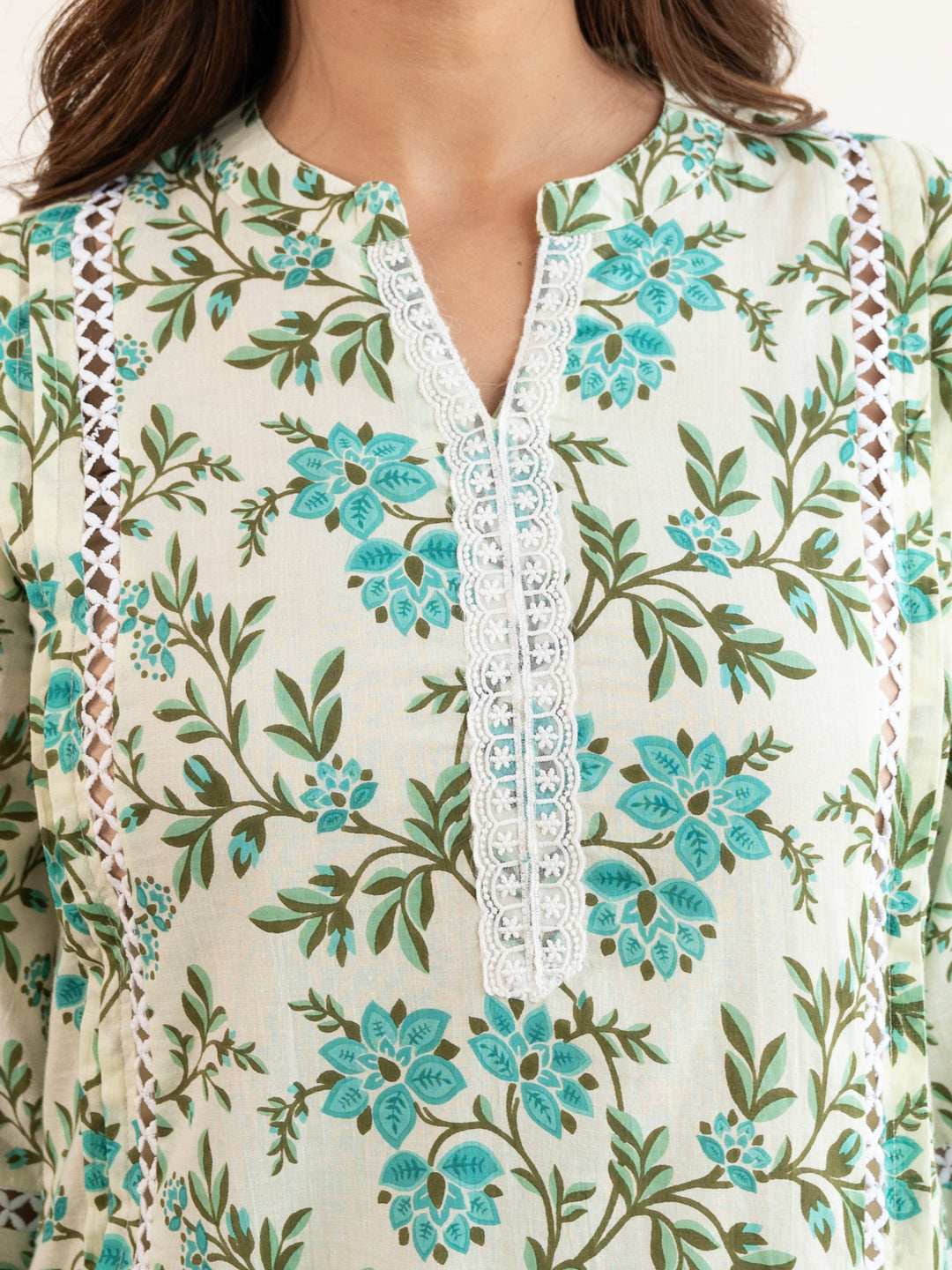 Ivory Floral Print Lace Work Cotton Suit
