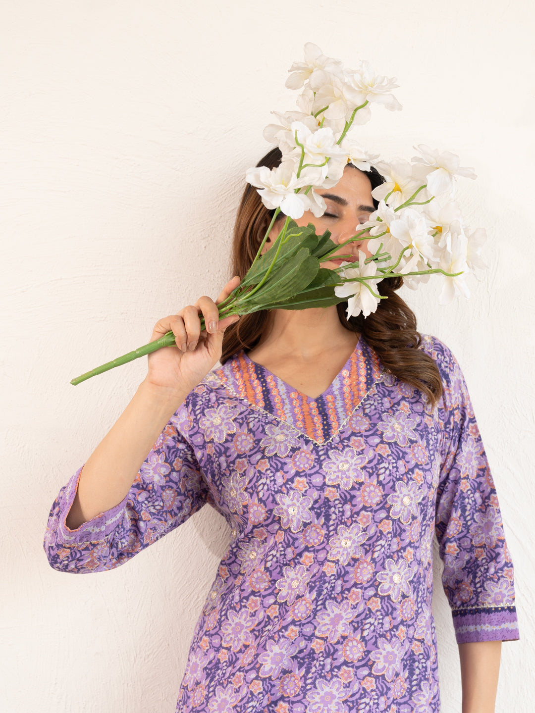 Lavender Flower Printed Cotton Kurta