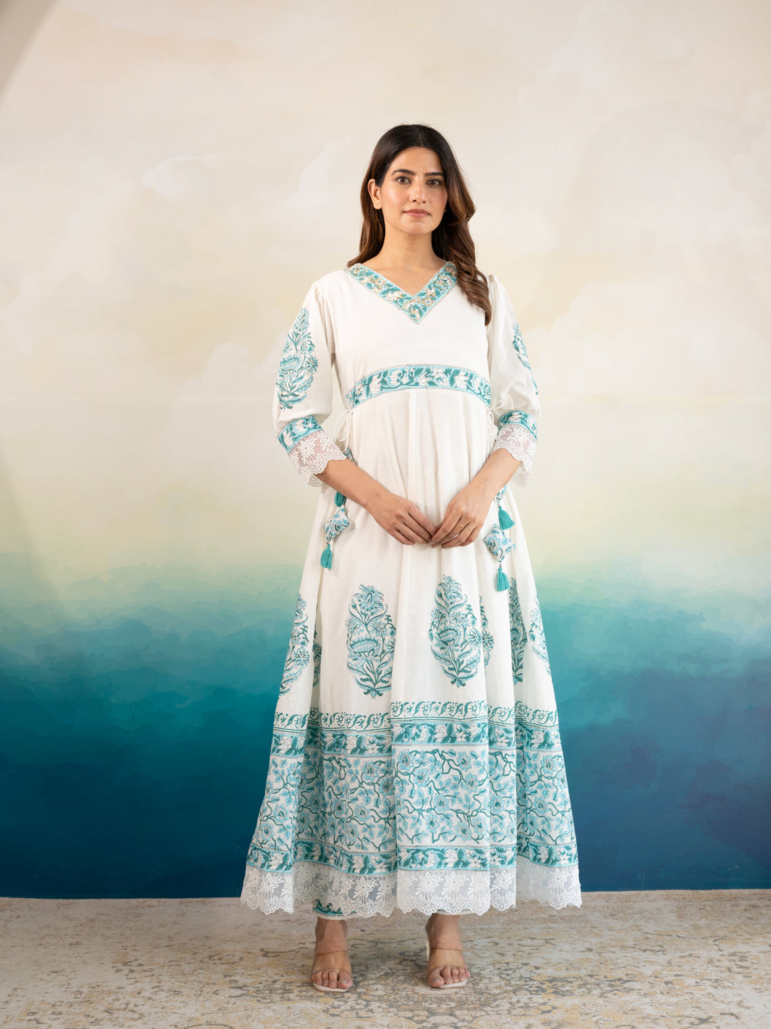 White & Blue Handblock Print Cotton Suit