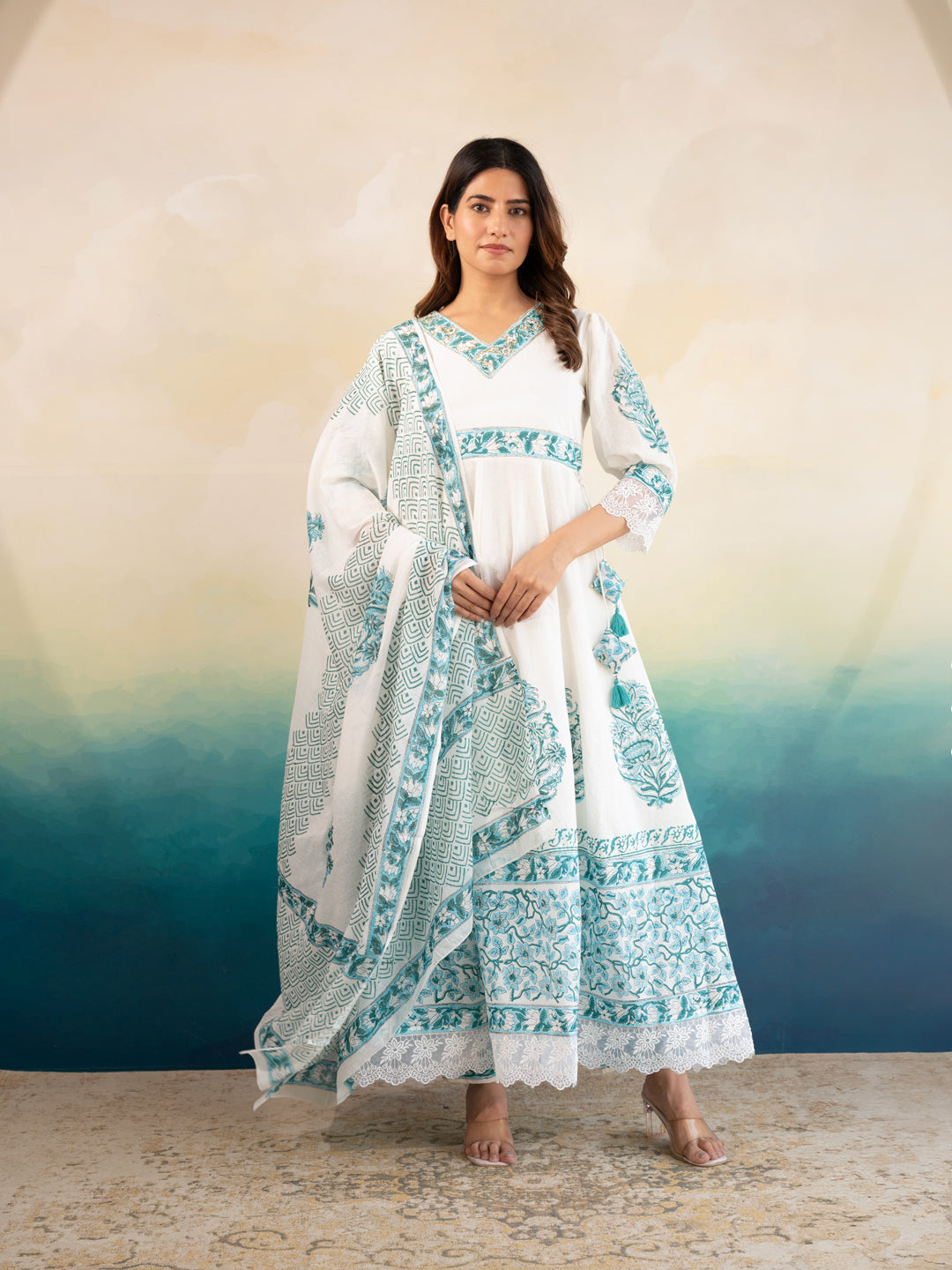 White & Blue Handblock Print Cotton Suit