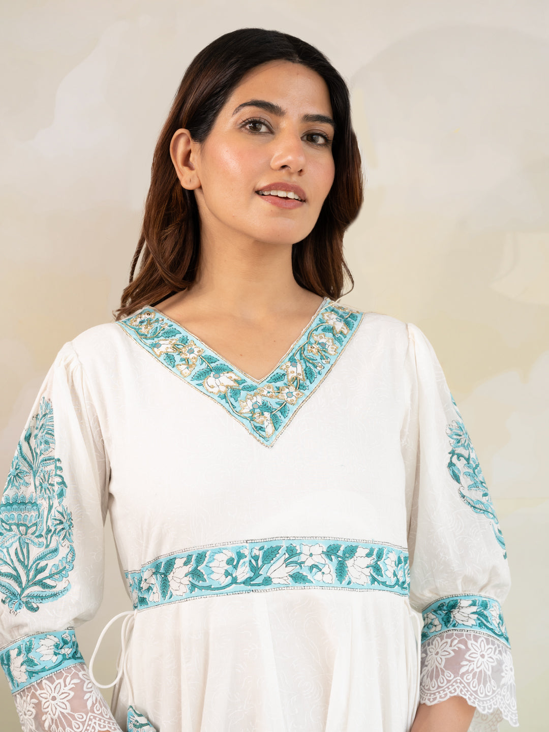 White & Blue Handblock Print Cotton Suit