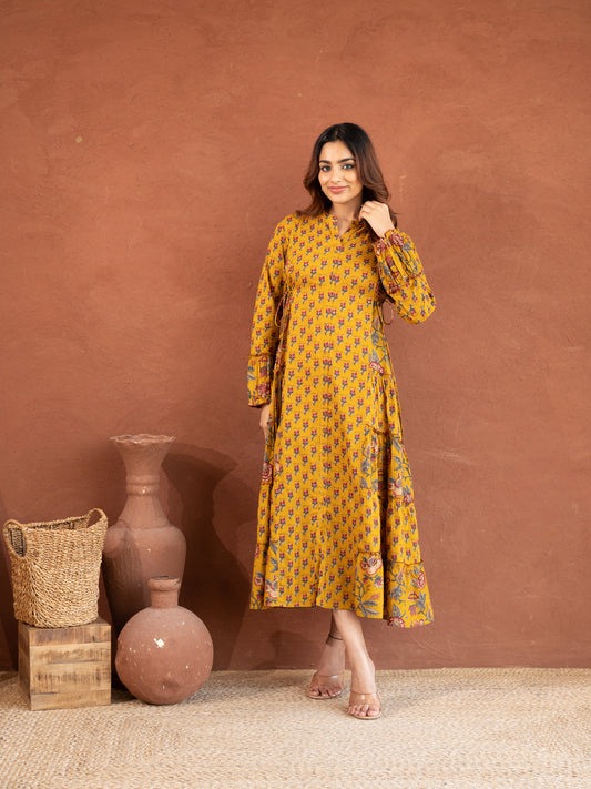 Turmeric Yellow Floral Print Cotton Dress