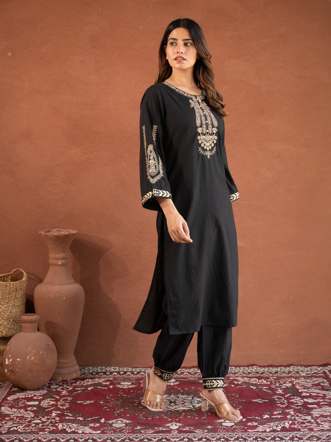Rivaa Black Embroidered Festive Cotton Suit