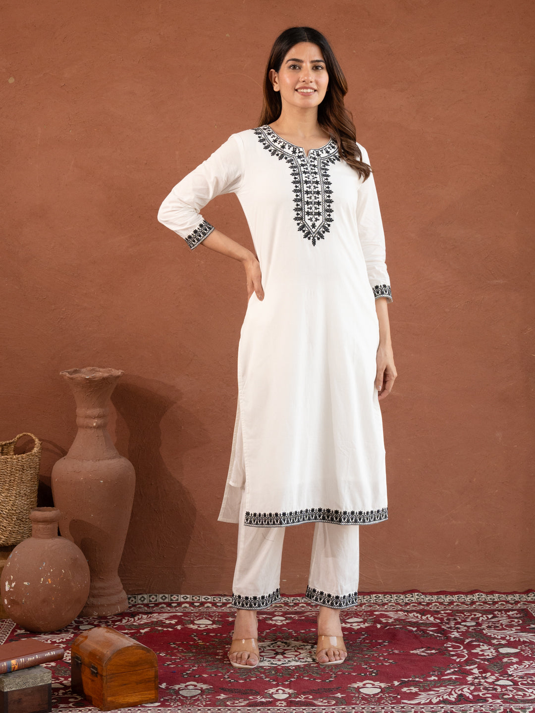 Avni White & Black Cotton Suit