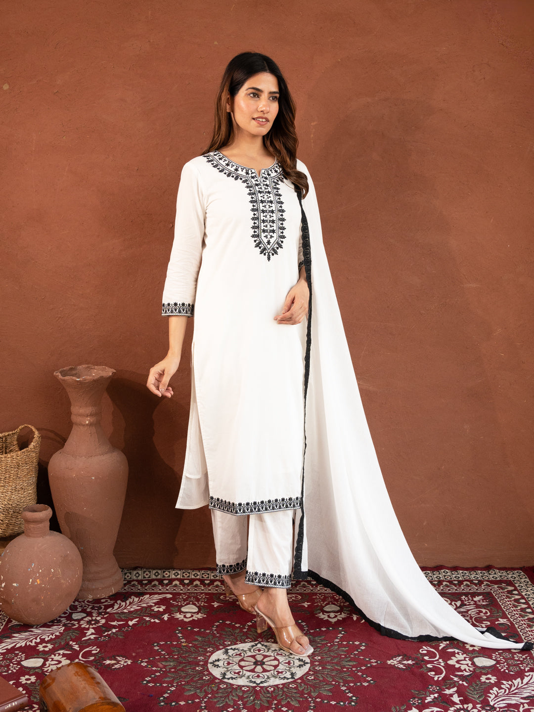 Avni White & Black Cotton Suit
