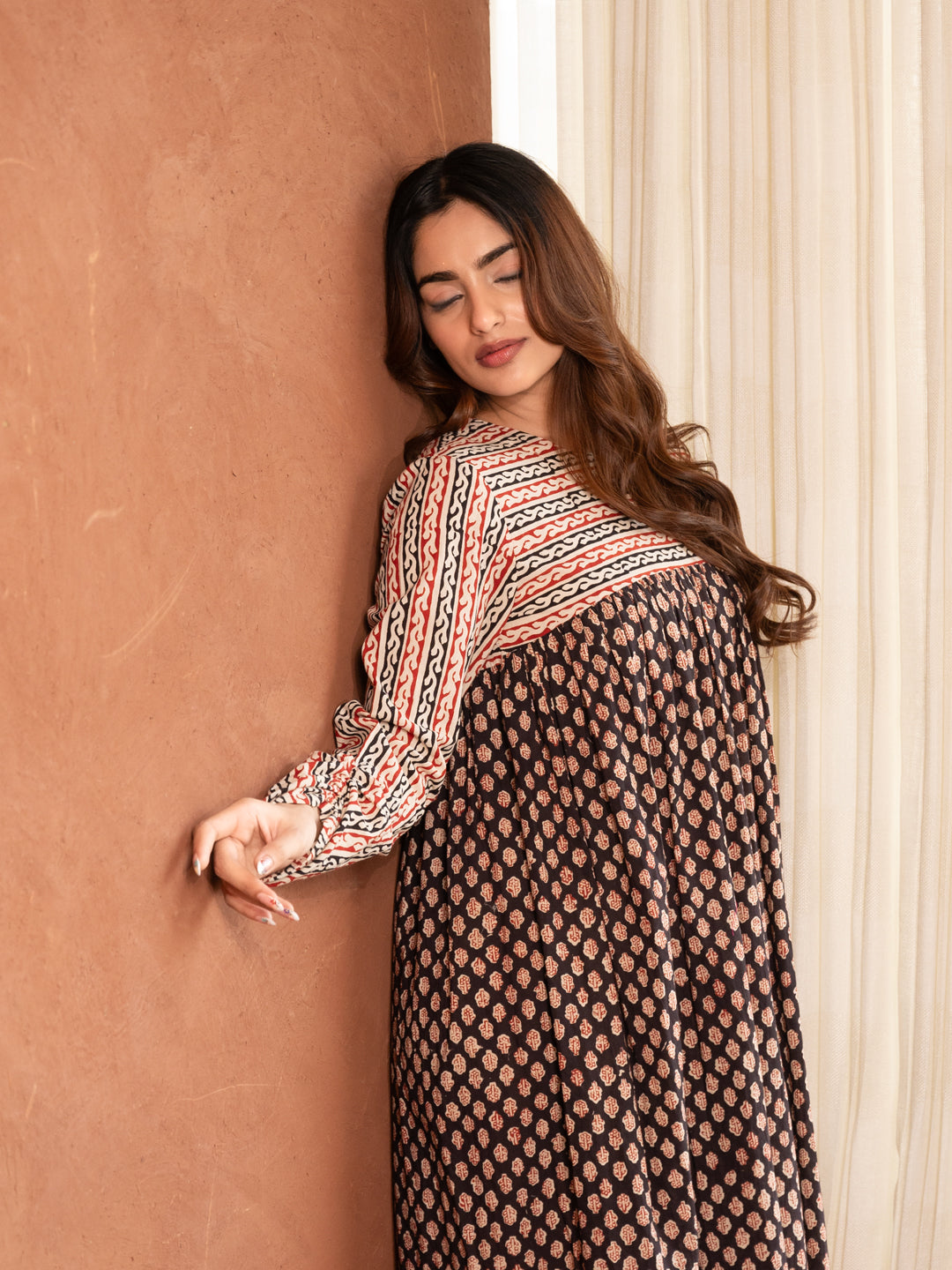Black Bagru Print Cotton Dress