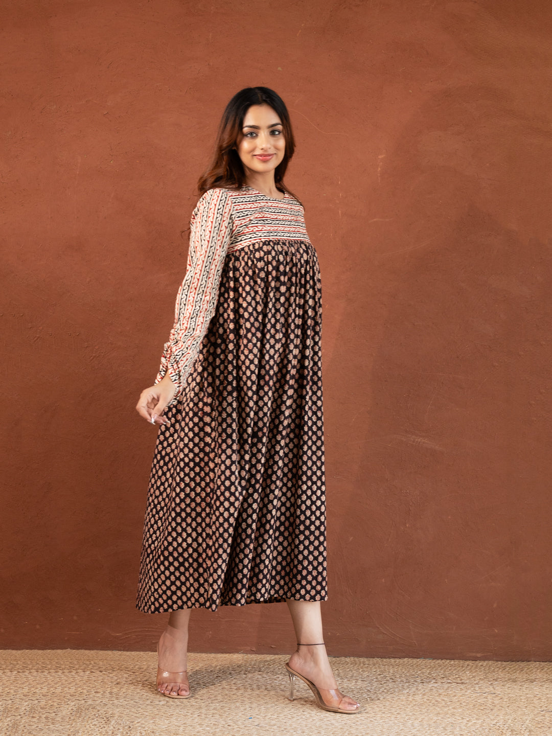 Black Bagru Print Cotton Dress