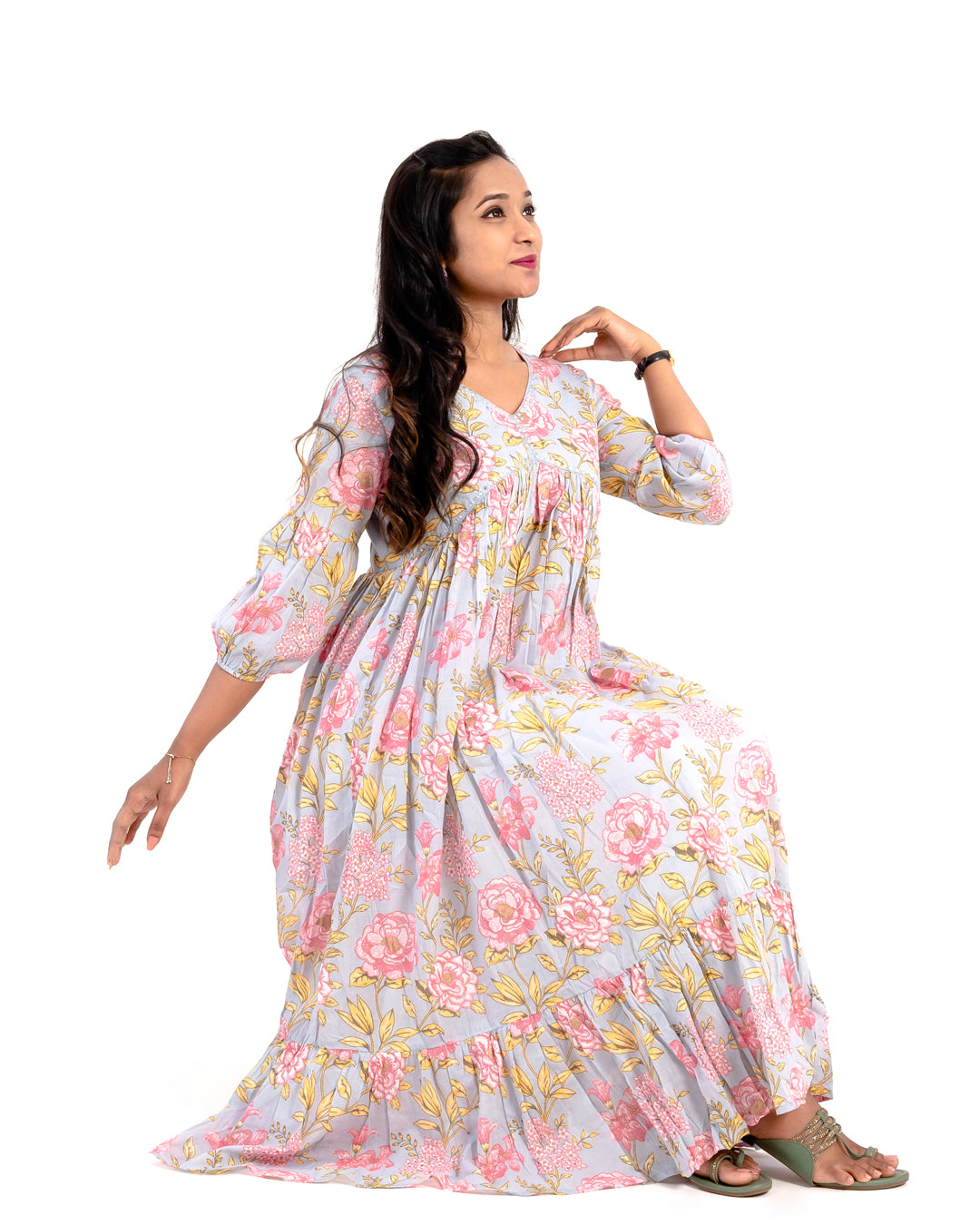 Blushing Rose Print Light Grey Cotton Kurta