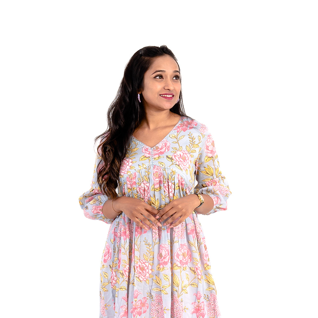 Blushing Rose Print Light Grey Cotton Kurta