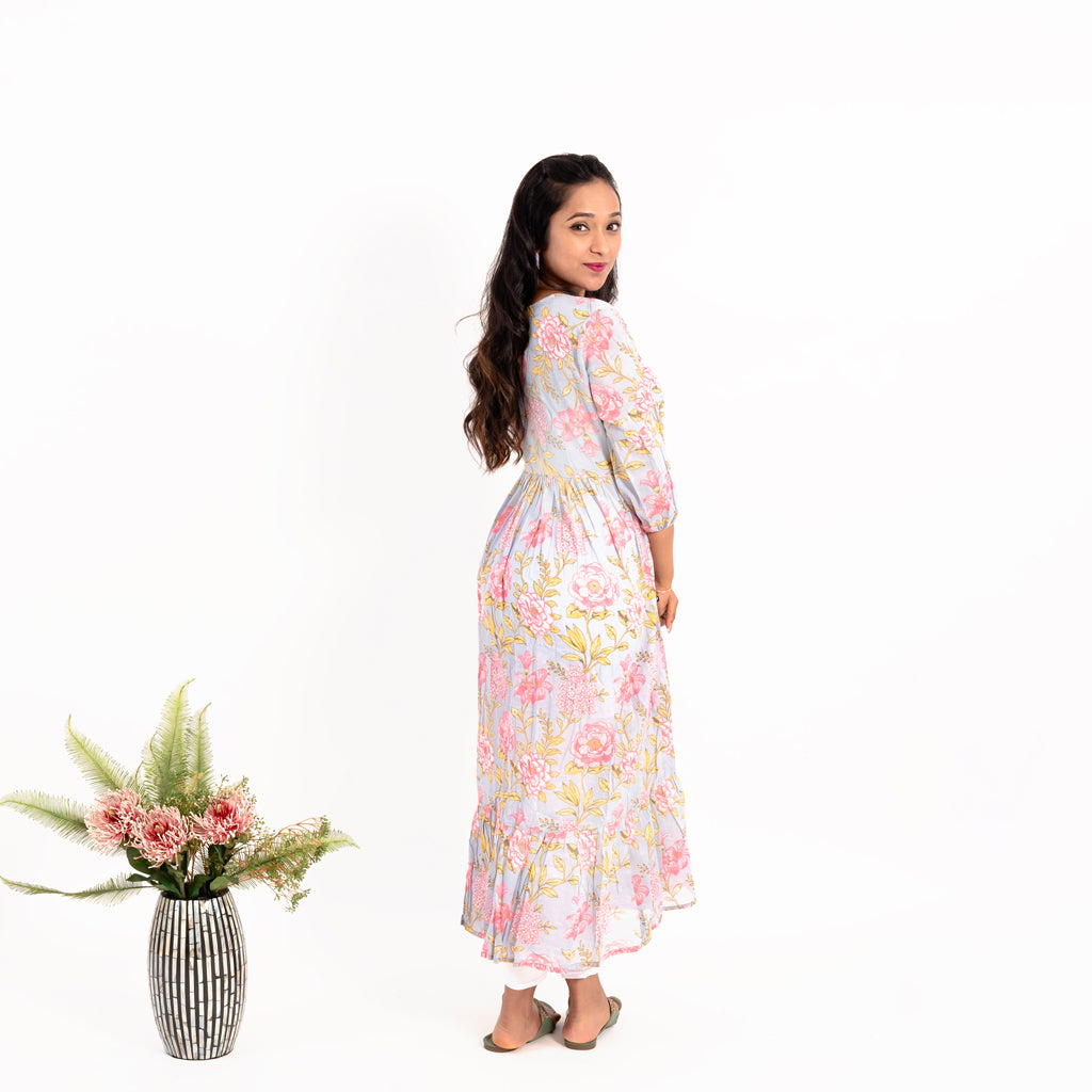 Blushing Rose Print Light Grey Cotton Kurta