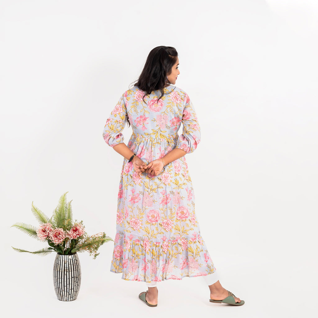 Blushing Rose Print Light Grey Cotton Kurta