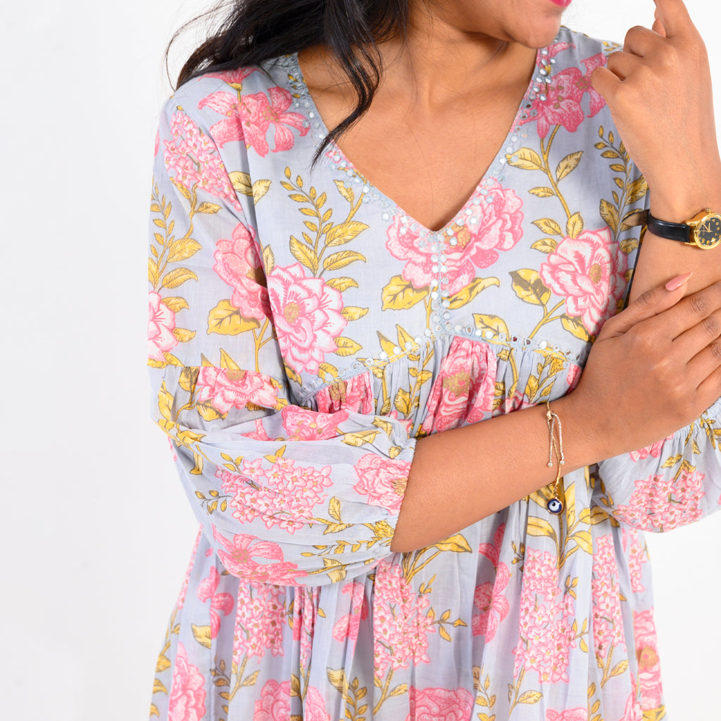 Blushing Rose Print Light Grey Cotton Kurta