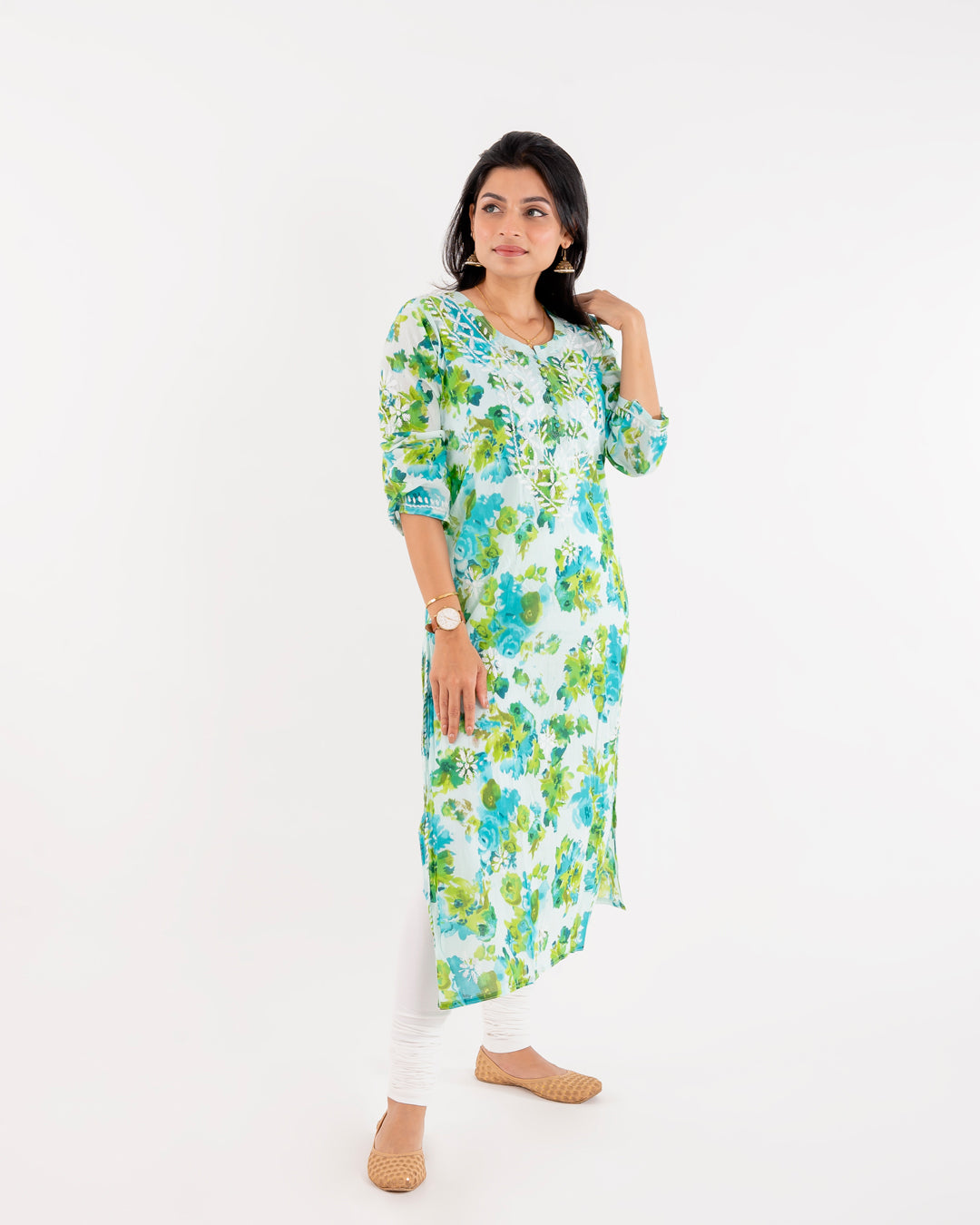 Blushing Blue Floral Printed Hand-Chikankari Cotton Kurta