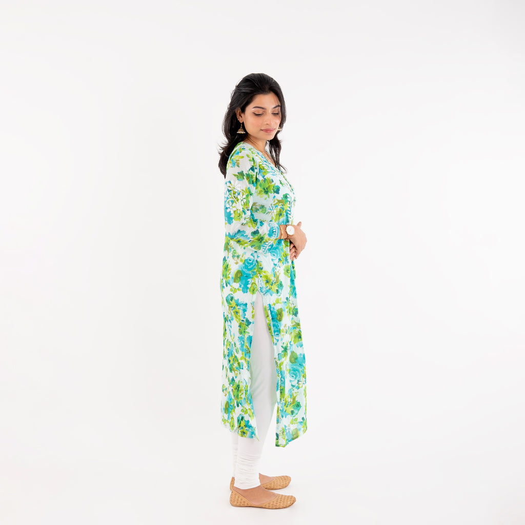 Blushing Blue Floral Printed Hand-Chikankari Cotton Kurta