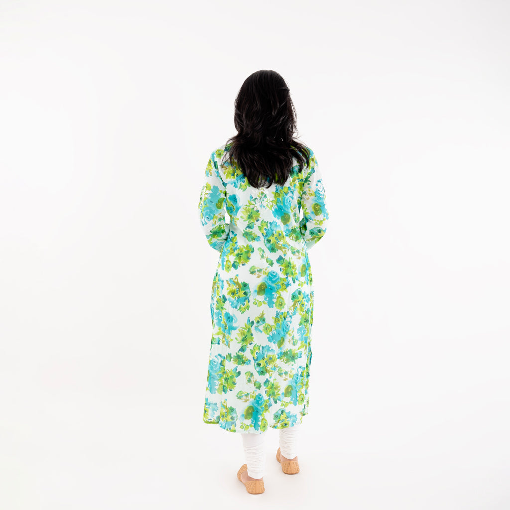 Blushing Blue Floral Printed Hand-Chikankari Cotton Kurta