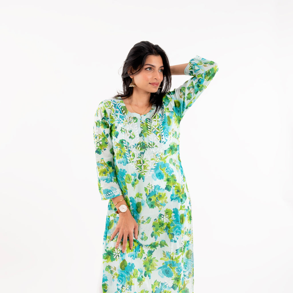 Blushing Blue Floral Printed Hand-Chikankari Cotton Kurta