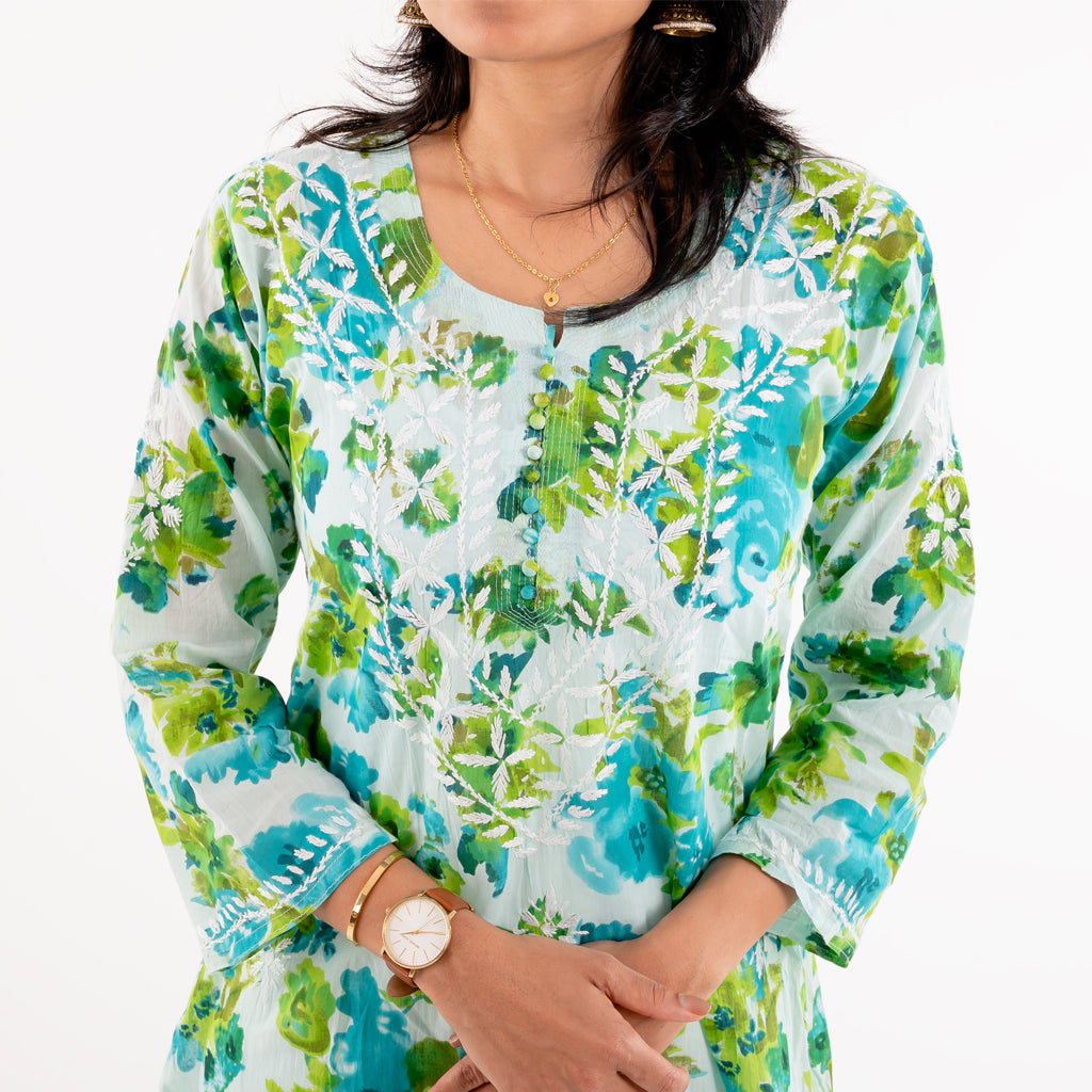 Blushing Blue Floral Printed Hand-Chikankari Cotton Kurta