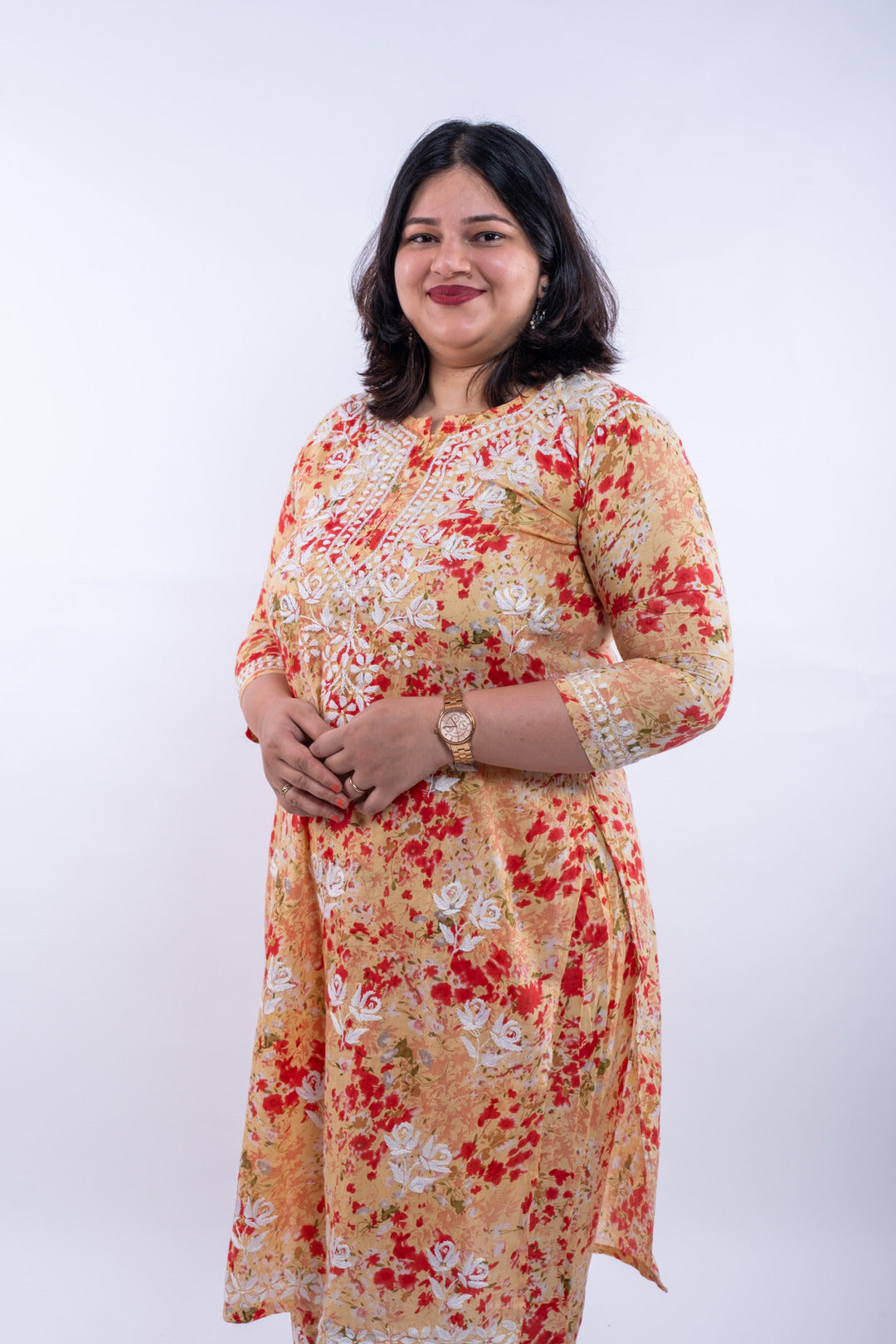 Grapefruit Red Printed Hand-Chikankari Cotton Co-ord Set