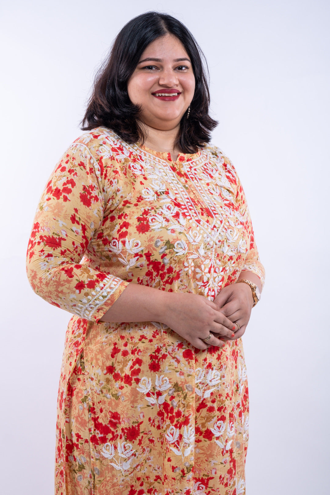 Grapefruit Red Printed Hand-Chikankari Cotton Co-ord Set