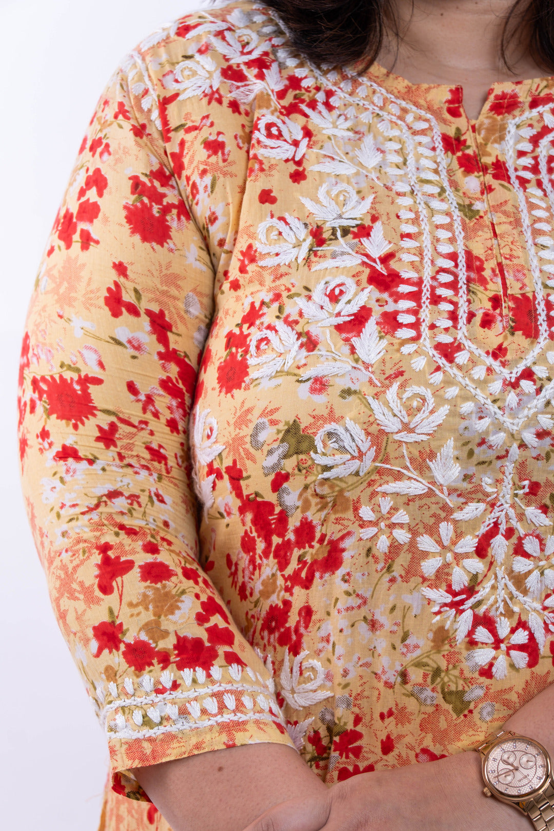 Grapefruit Red Printed Hand-Chikankari Cotton Co-ord Set