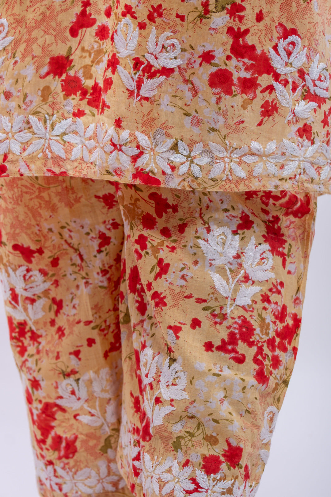 Grapefruit Red Printed Hand-Chikankari Cotton Co-ord Set