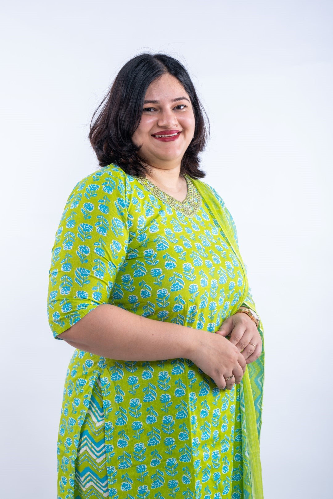 Parrot Green Printed Afghani Cotton Plus Size Suit
