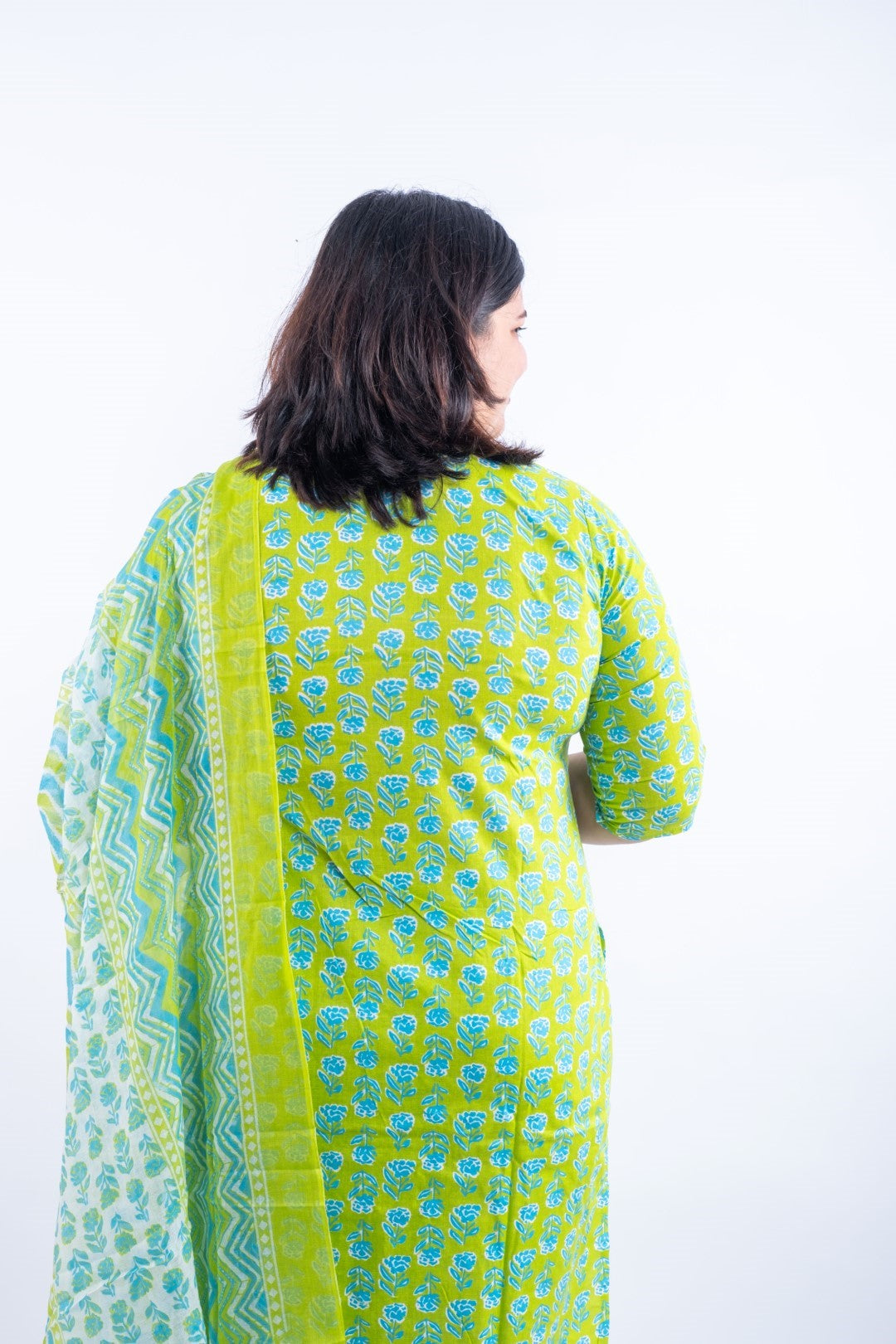 Parrot Green Printed Afghani Cotton Plus Size Suit