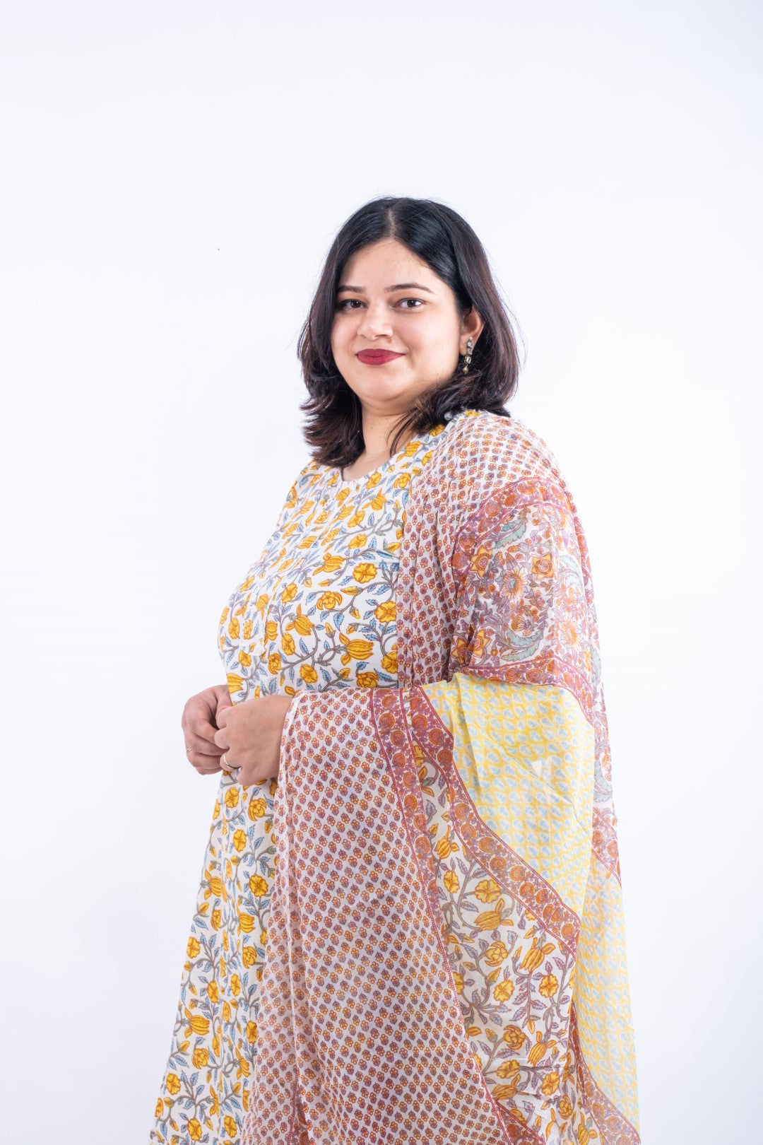 Yellow Floral Printed Cotton Plus Size Suit