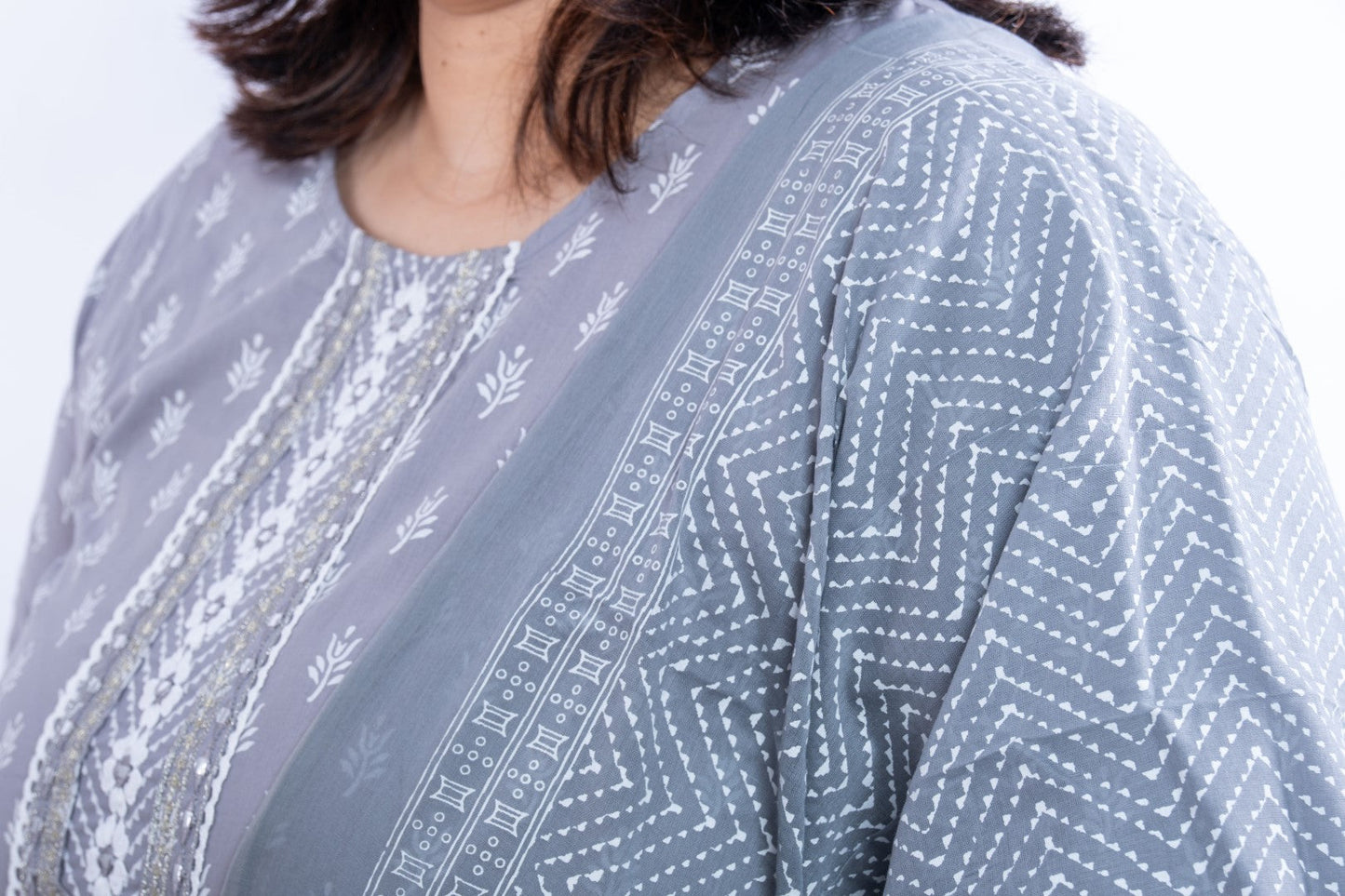 Grey Floral Printed Cotton Plus Size Suit