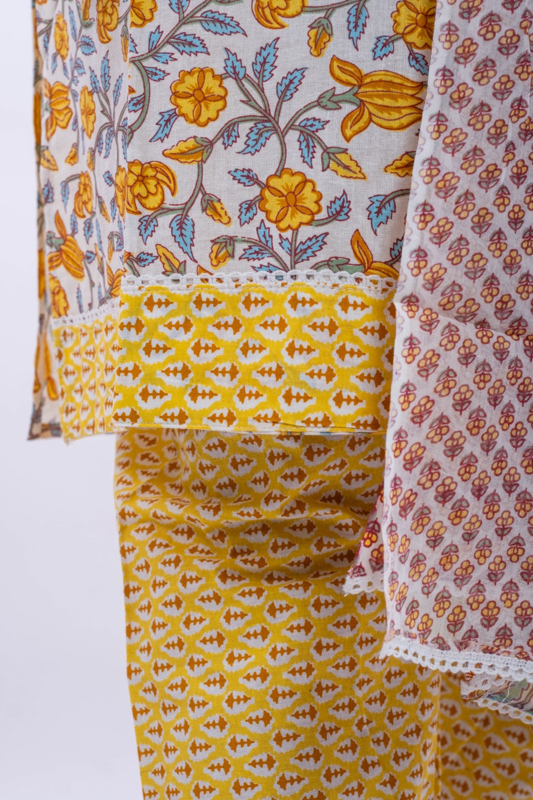Yellow Floral Printed Cotton Plus Size Suit