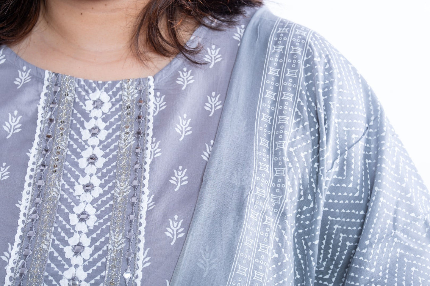 Grey Floral Printed Cotton Plus Size Suit