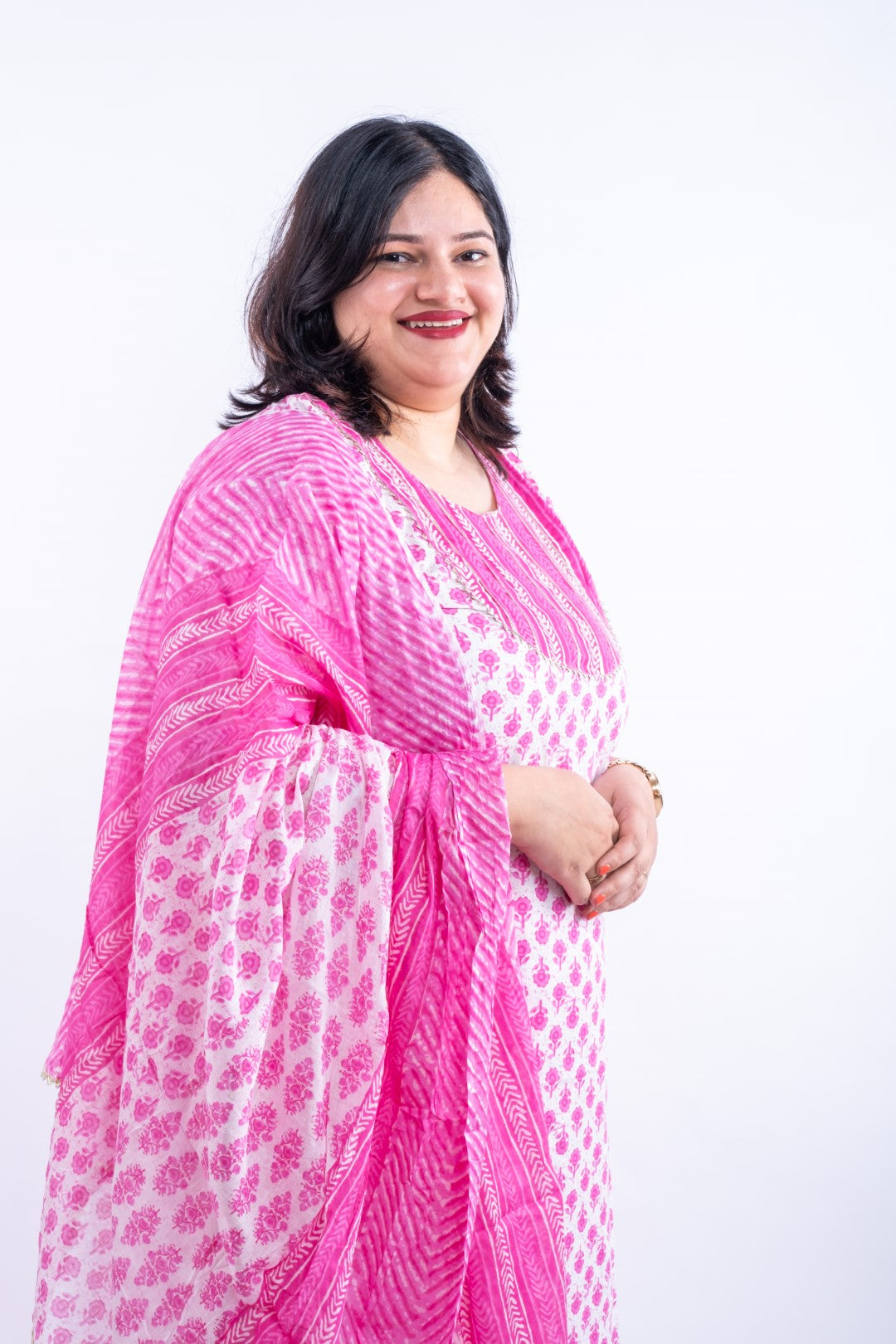 Pink Flower Printed Cotton Plus Size Suit