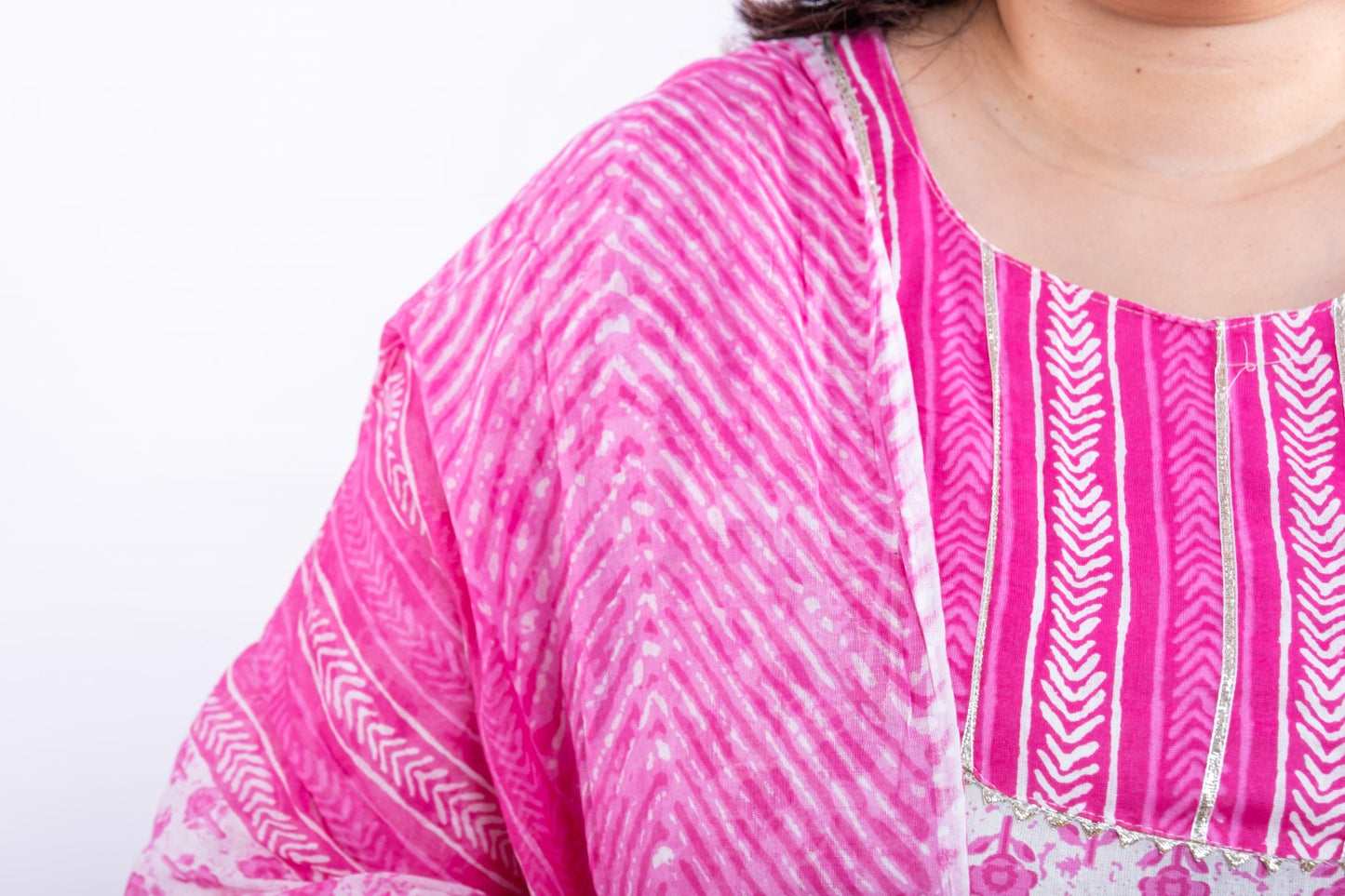 Pink Flower Printed Cotton Plus Size Suit