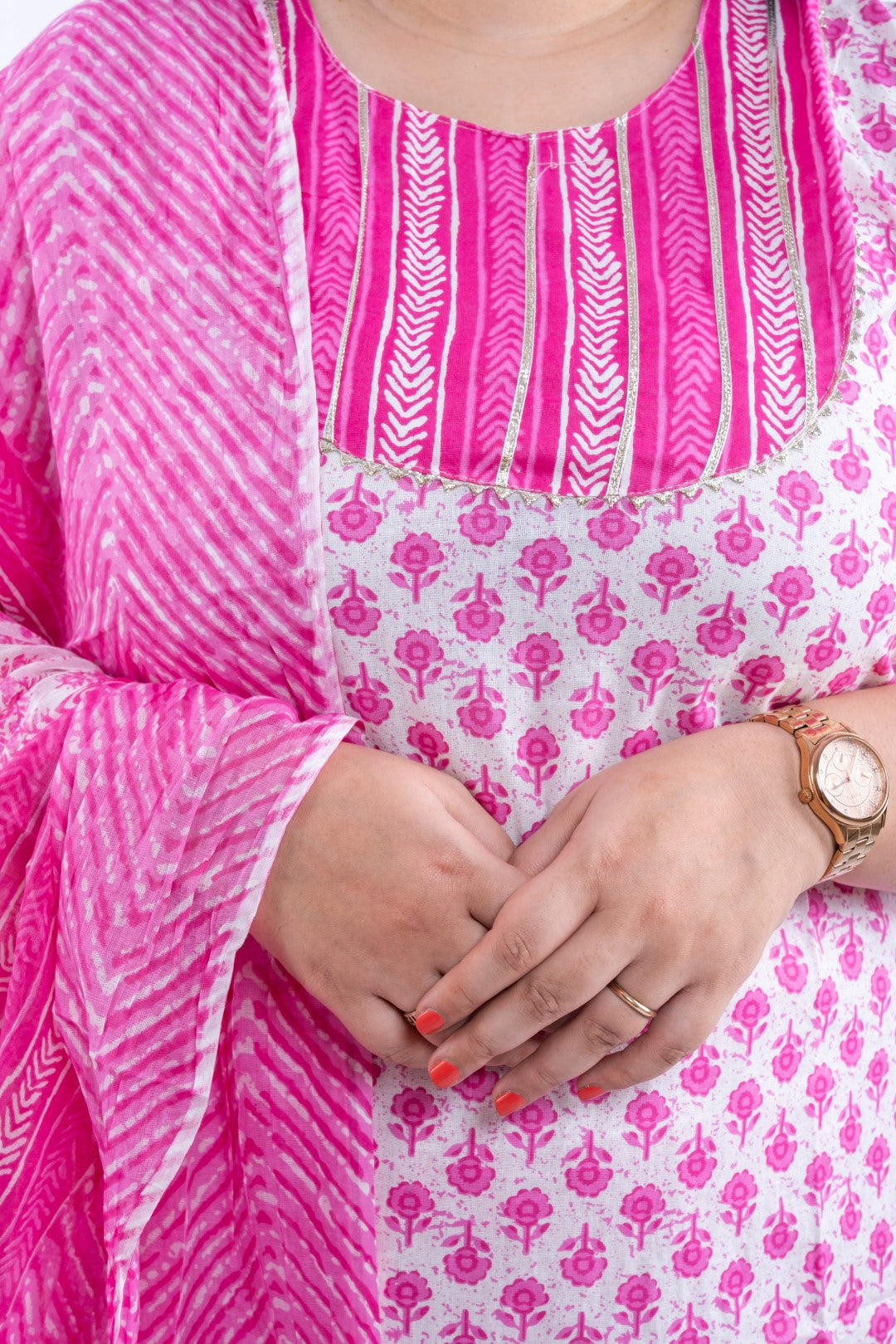Pink Flower Printed Cotton Plus Size Suit